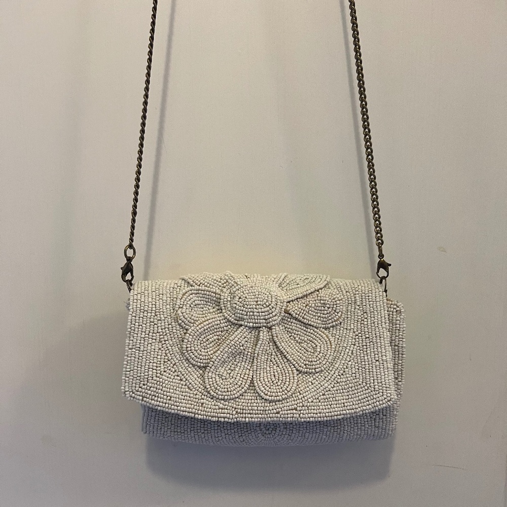 Anthropologie White Beaded Crossbody Purse